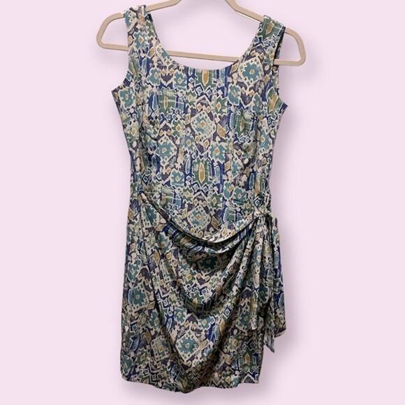 Adrianna Papéll Silk Blue Green Yellow Aztec Pattern Sleeveless Dress Size 4 - Picture 1 of 7